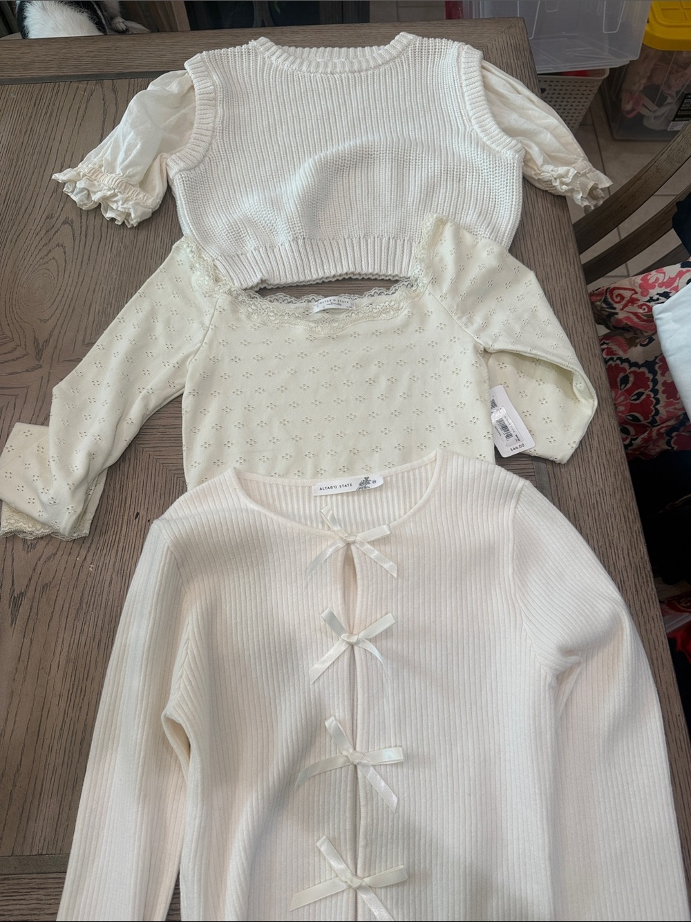 Cream Knit Layered Top Set - Bow Front Long Sleeve & Eyelet Overlay